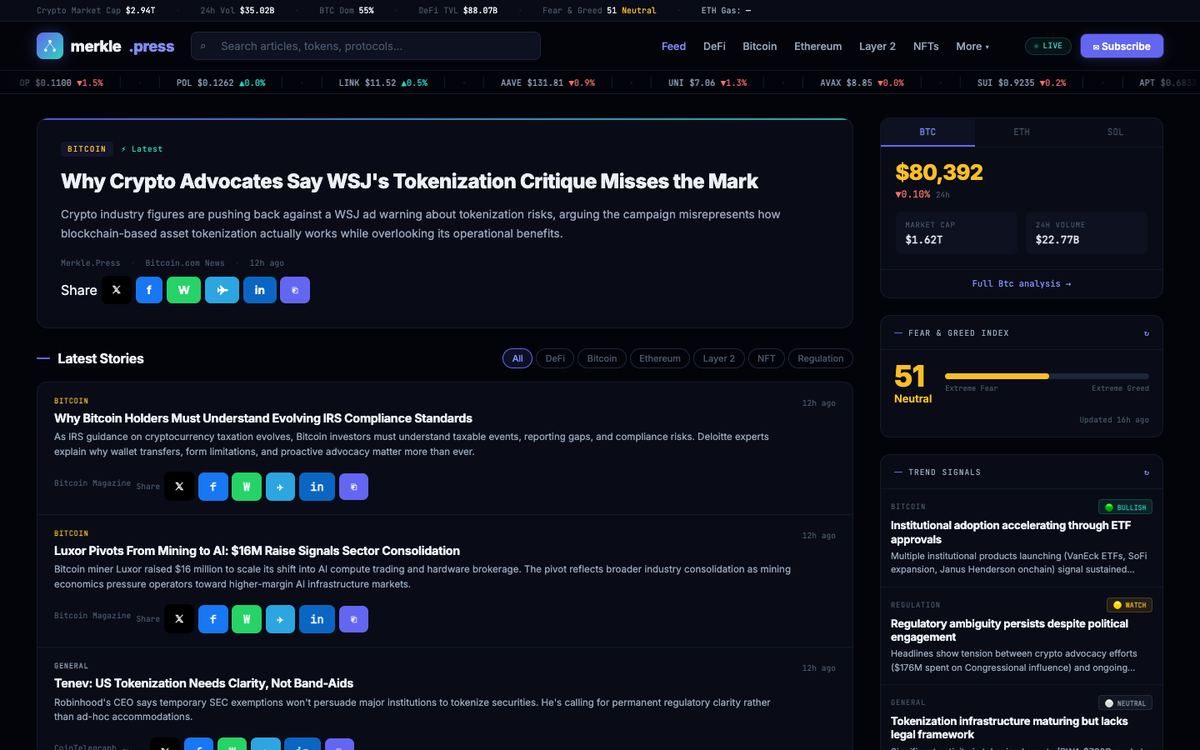 Merkle.Press blockchain news website homepage